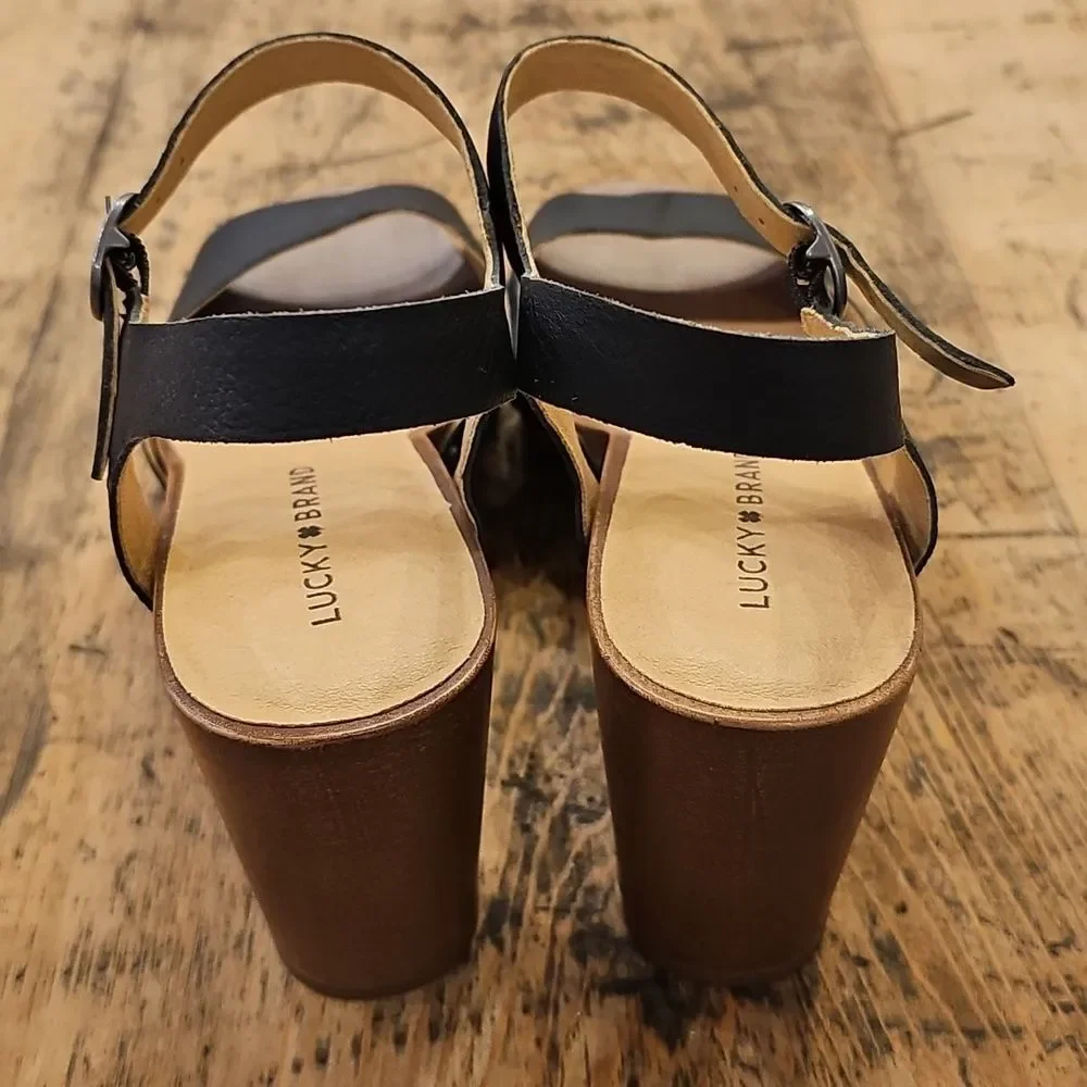 LUCKY BRAND Zashti Black Wedge Leather Studded Slingback Sandal Size‎ 10 NWOT